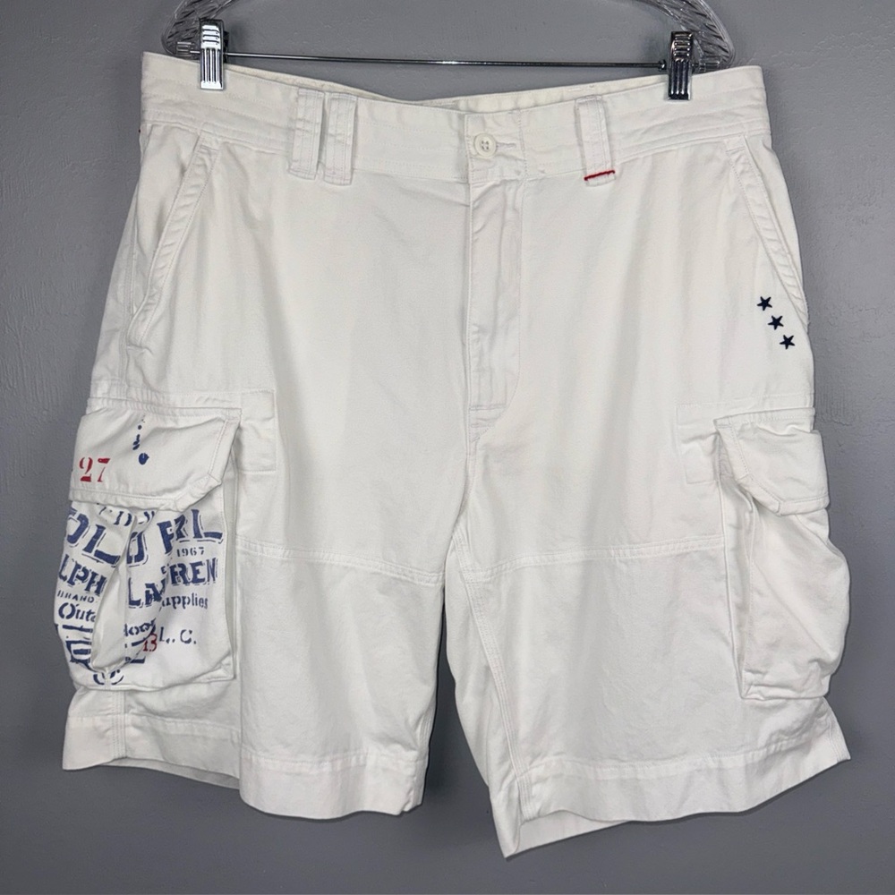 Polo Ralph Lauren Cargo Shorts Men 36 White Graphic Utility Pockets Twill Preppy